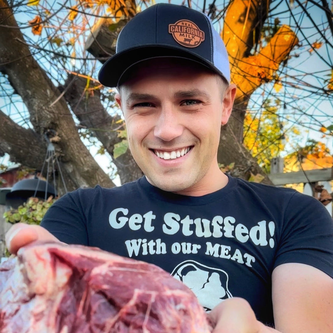 Foggy Bottoms Boys Get Stuffed with our meat T-Shirt Thomas Holding a steak modeling