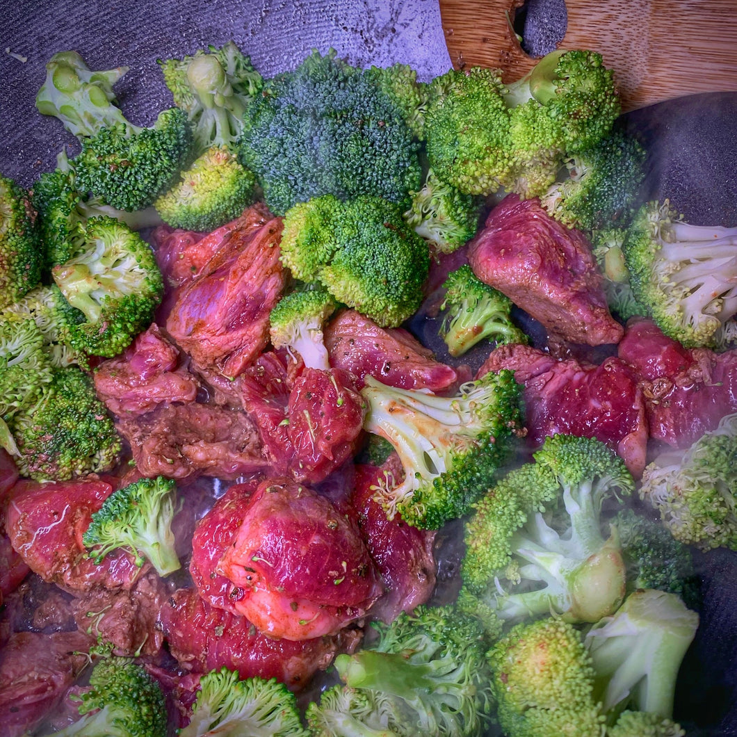 Foggy Bottoms Boys Stew Meat in wok with broccoli